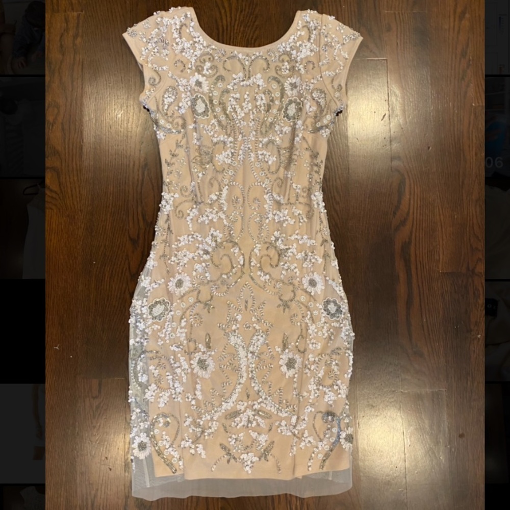 Aidan mattox beaded tulle cocktail dress size 2 rose/beige